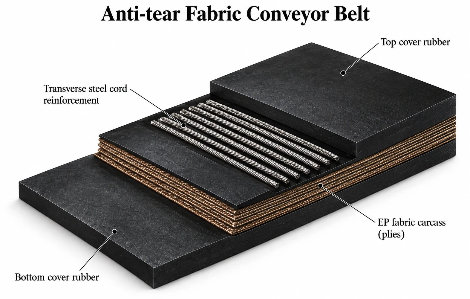 Anti-tear fabric conveyor belt construction: top cover rubber, transverse steel cord reinforcement, EP fabric carcass (plies) and bottom cover rubber