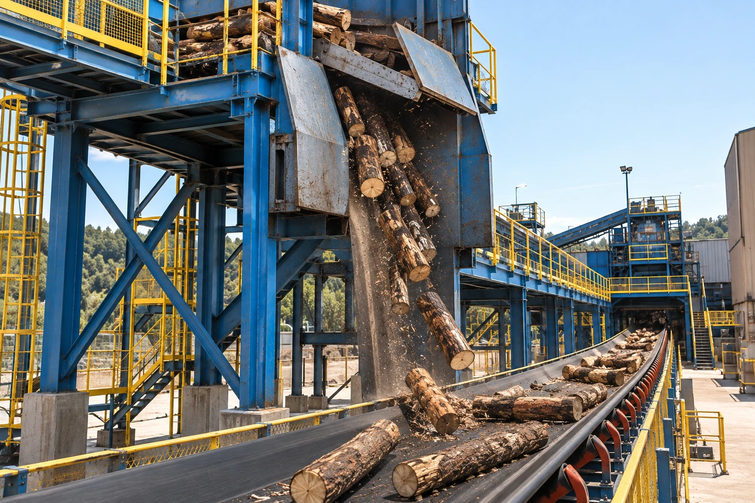 Conveyor belt receiving logs at a high-drop transfer point