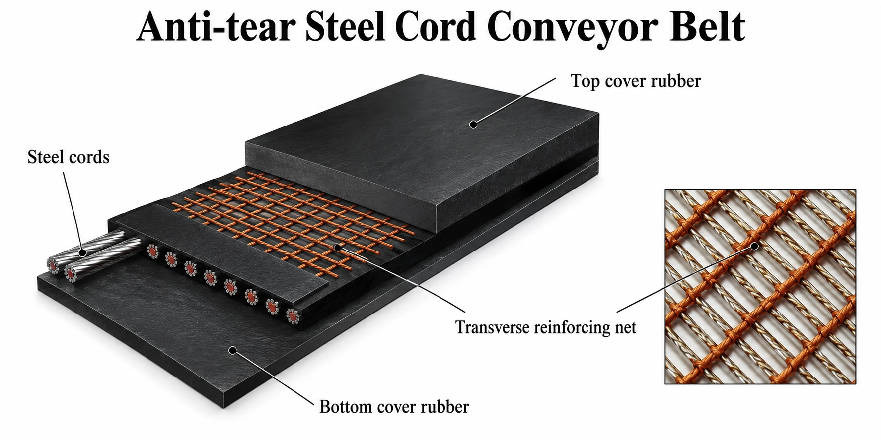 Anti-tear steel cord conveyor belt construction: steel cords, transverse reinforcing net, top and bottom cover rubber, with an enlarged detail of the net