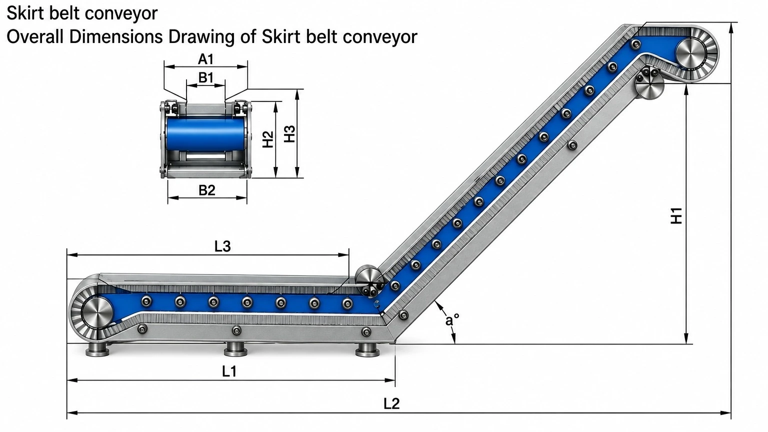 Desenho dimensional geral do transportador de esteira com aba lateral