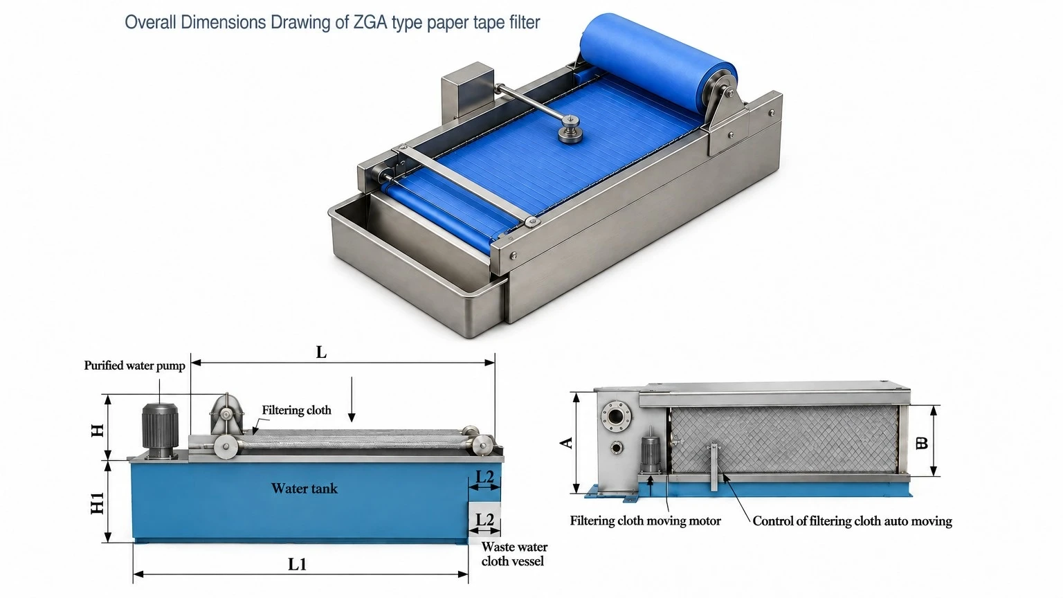 Desenho dimensional e parâmetros técnicos principais do filtro de fita de papel ZGA