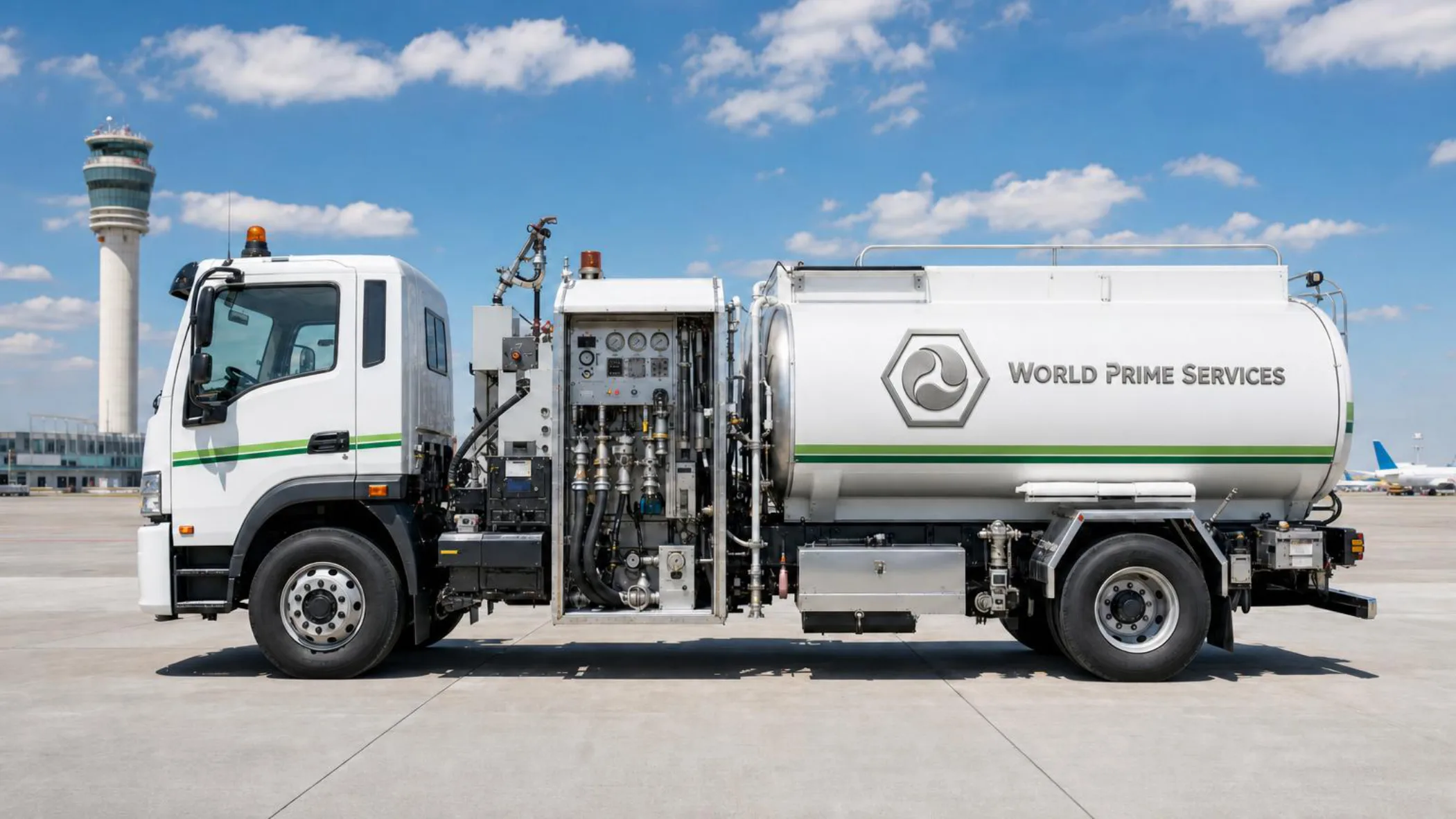 Aero E-Refueler World Prime Services — caminhão-tanque de abastecimento de aeronaves em pátio de aeroporto