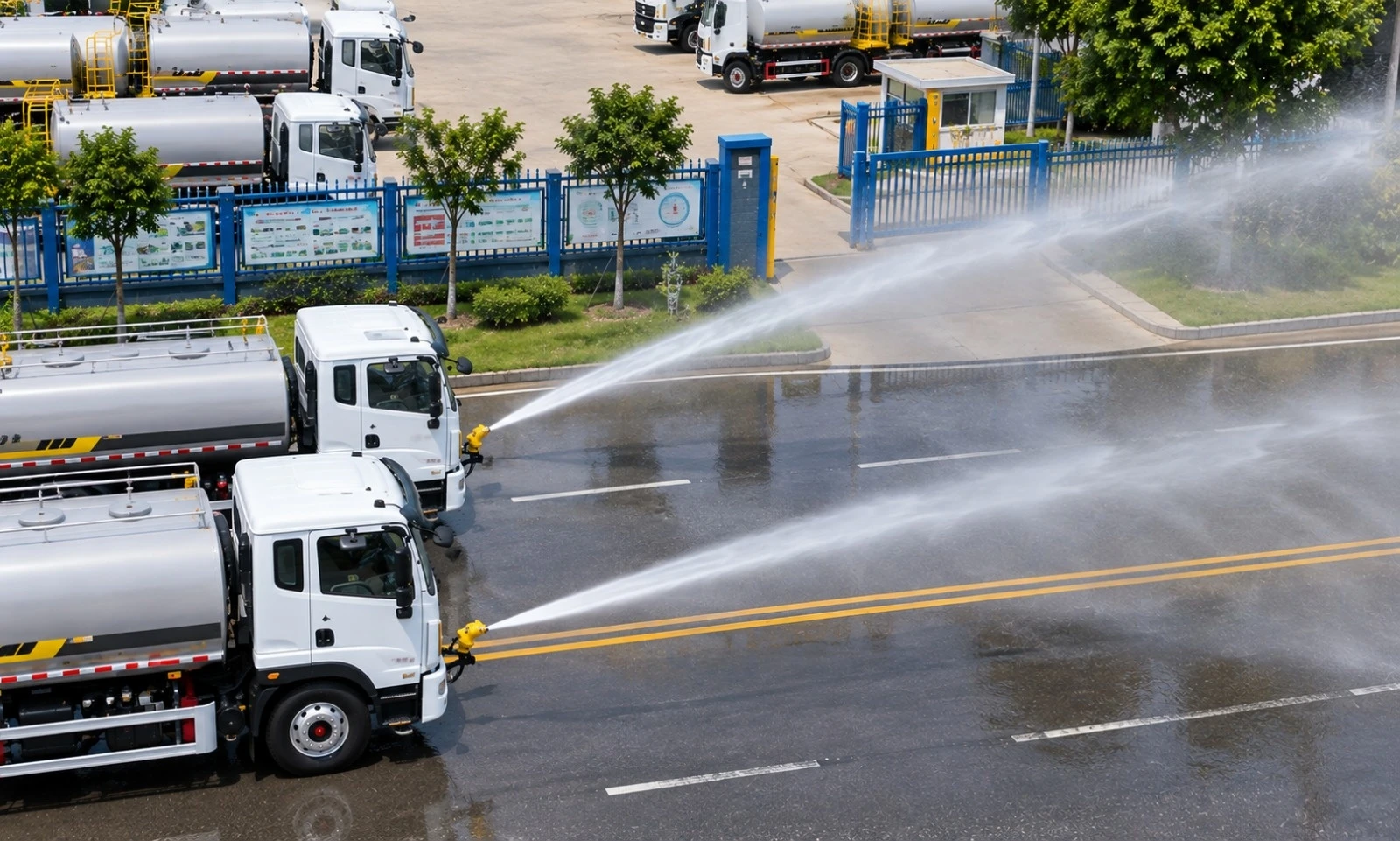 Dois caminhões de irrigação verde New Energy em operação de aspersão frontal