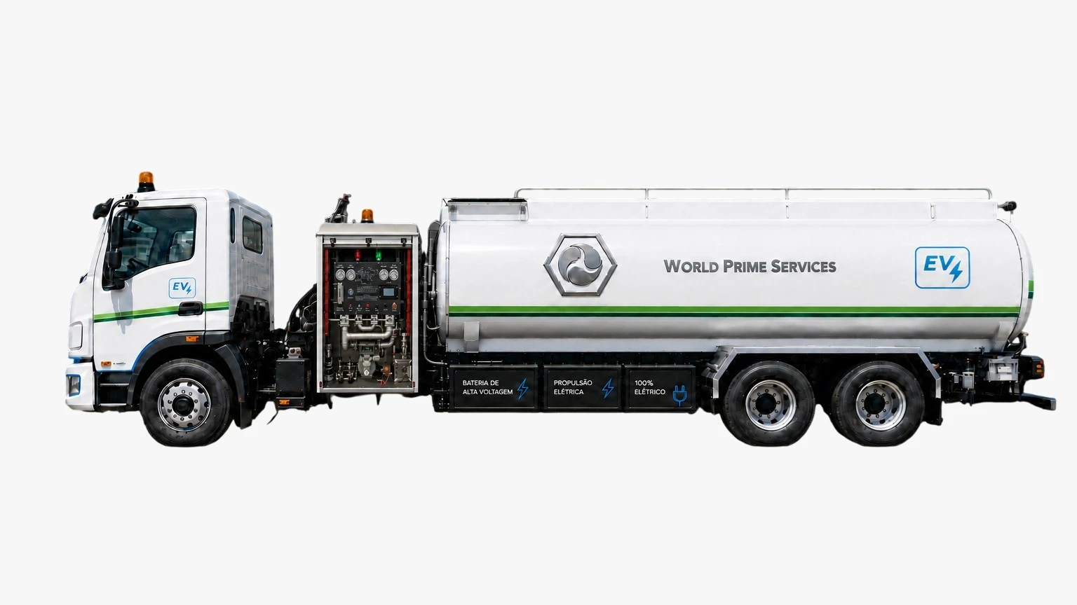Aero E-Refueler X12, caminhão-tanque elétrico de abastecimento de aeronaves de 12.000 litros, estacionado em pátio de aeroporto