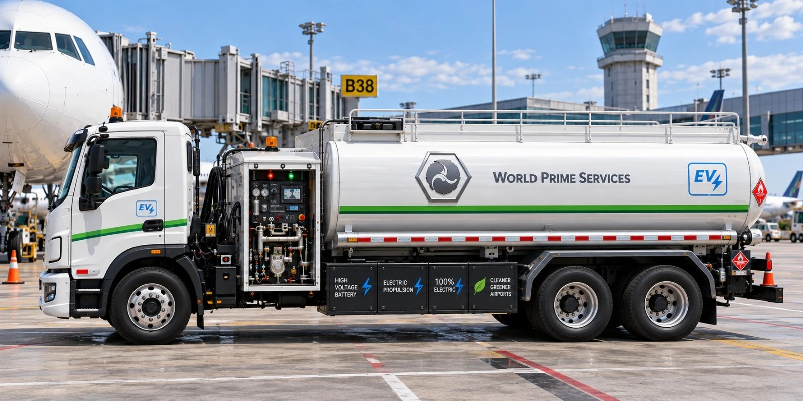 Aero E-Refueler X12 com o compartimento da bomba de abastecimento aberto, estacionado em pátio de aeroporto