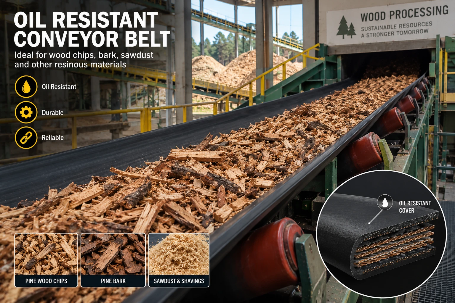 Customer-supplied infographic reading “OIL RESISTANT CONVEYOR BELT”: a conveyor belt loaded with pine wood chips in a sawmill, with thumbnails of pine wood chips, pine bark and sawdust & shavings, and a cutaway of the belt showing the oil-resistant cover over the textile plies.