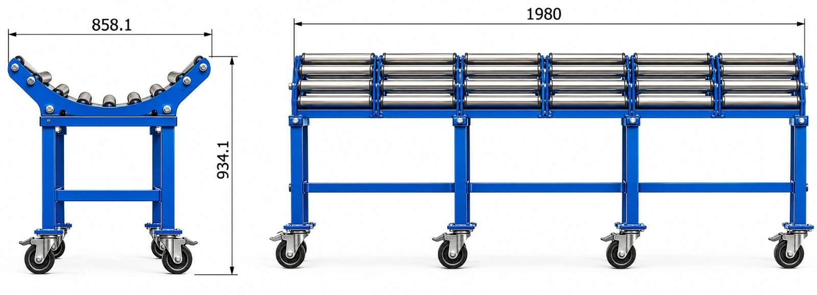 Desenho técnico com as dimensões do rack de roletes