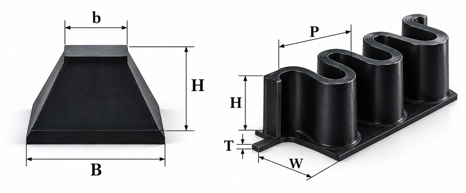 Diagramas dimensionais de guia (b, B, H) e aba lateral / sidewall (P, H, W, T)