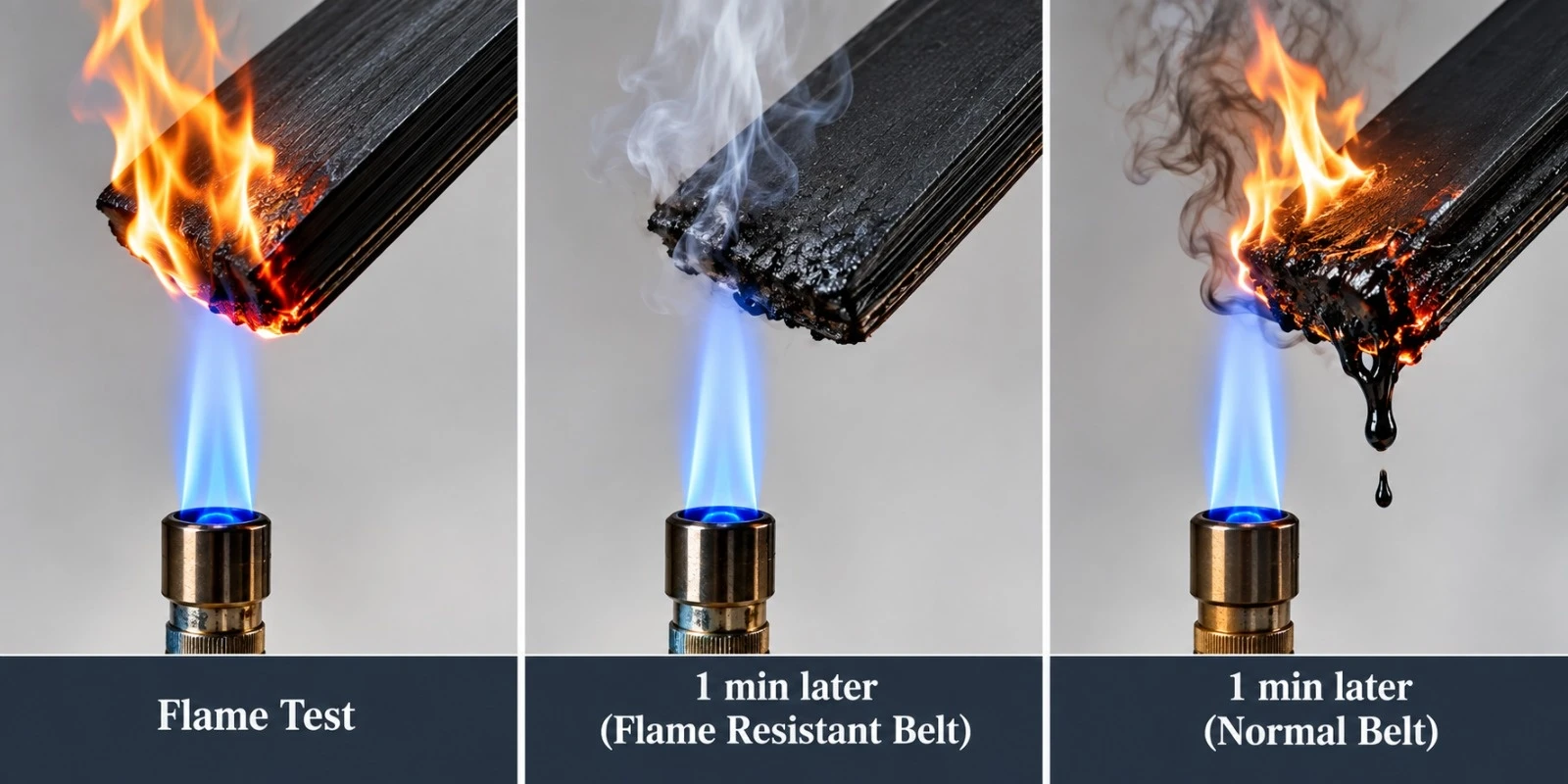 Flame test comparison: flame-resistant belt after 1 minute of fire exposure, side by side with a standard belt that keeps burning and dripping