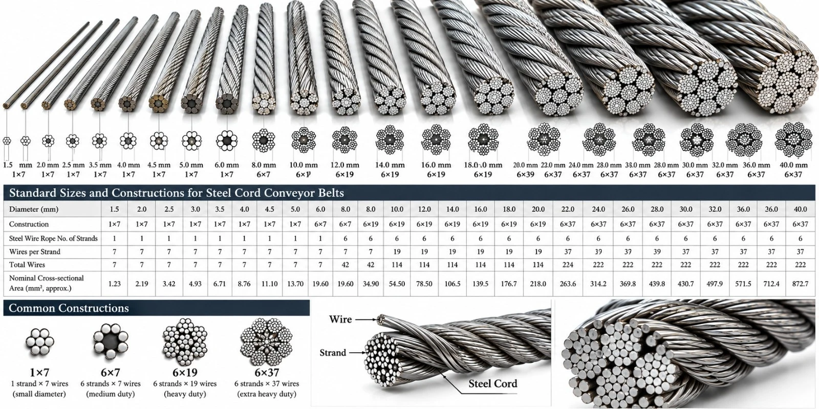 Standard steel cord sizes and constructions chart for conveyor belts, from 1.5 mm to 40 mm diameter