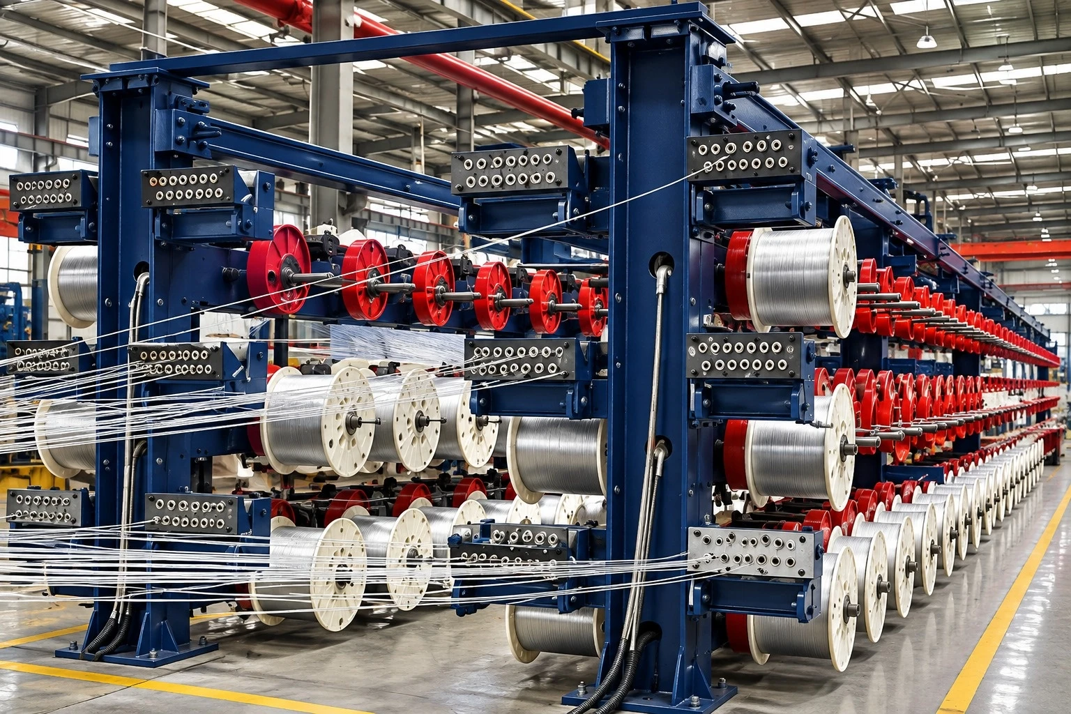 Steel cord spooling machine on a belt manufacturing line