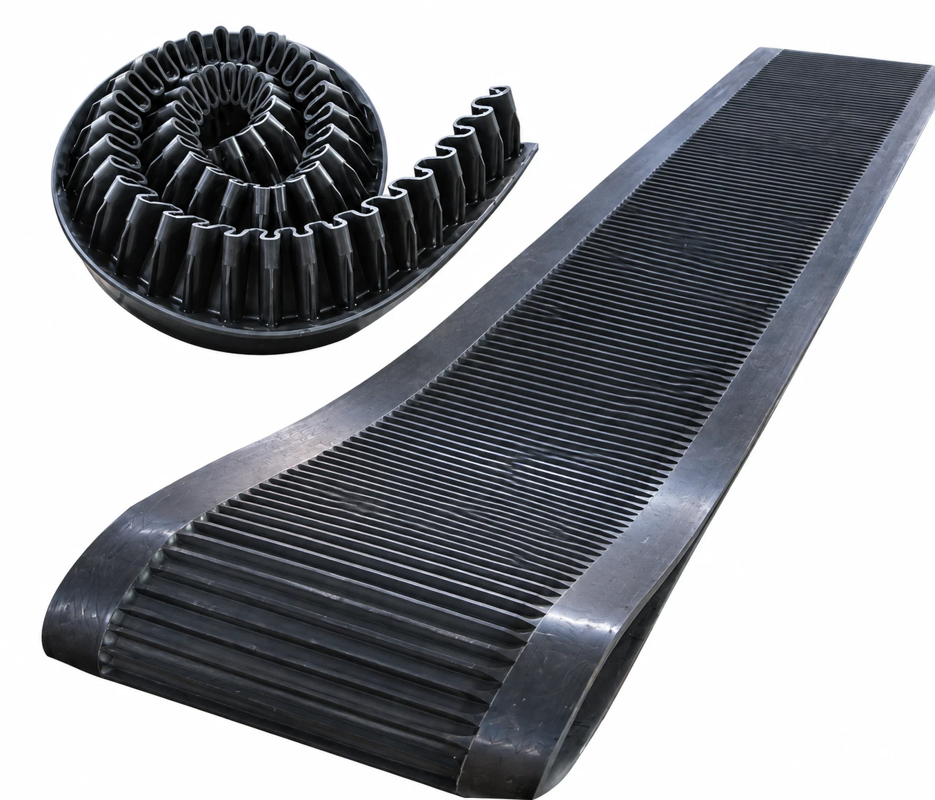 Rubber filter belt with drainage grooves and skirt edges, next to a coiled section of the belt