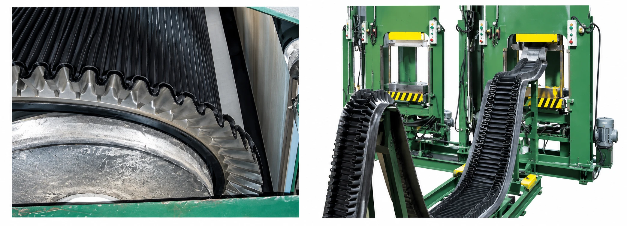 Skirt edge on the filter roller and vulcanizing presses for skirted belts