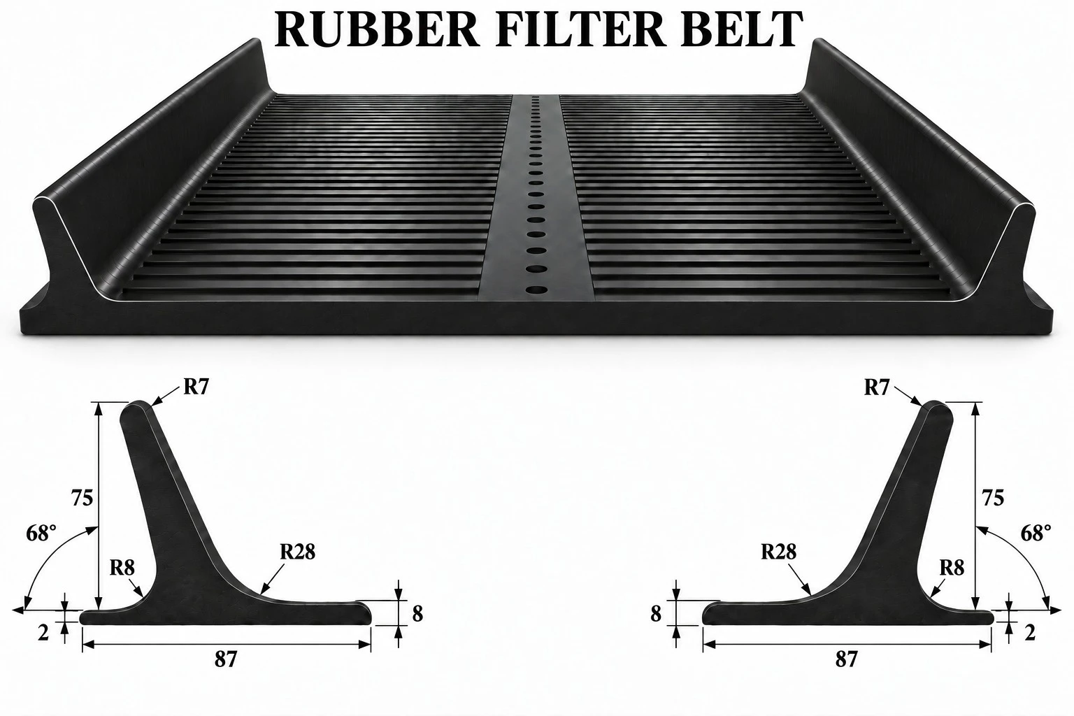 Rubber Filter Belt technical diagram showing the belt profile with T-shaped side cleats