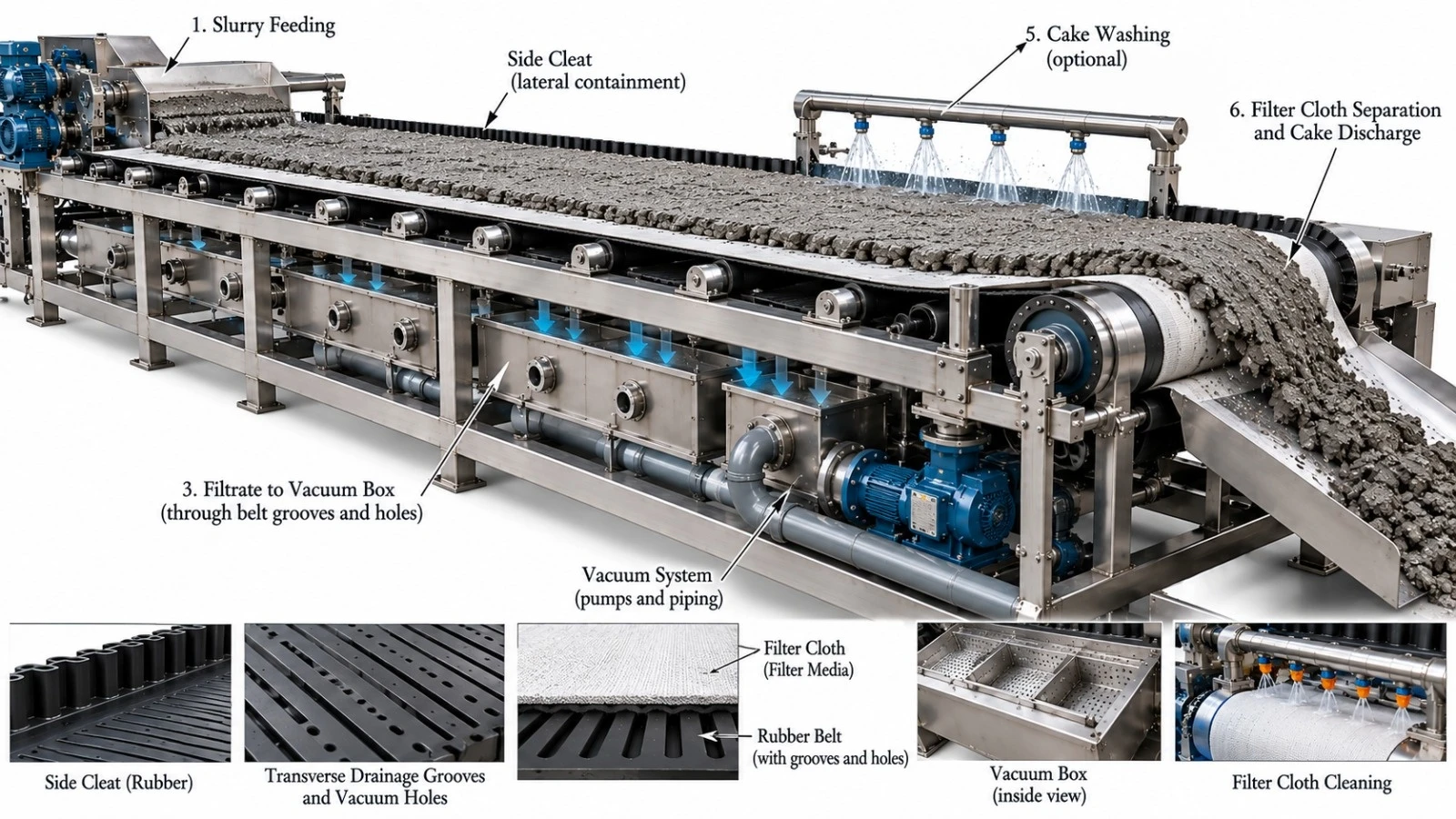 Complete rubber belt vacuum filter line, with slurry feeding, side cleats, vacuum system, cake washing and cake discharge/filter cloth separation