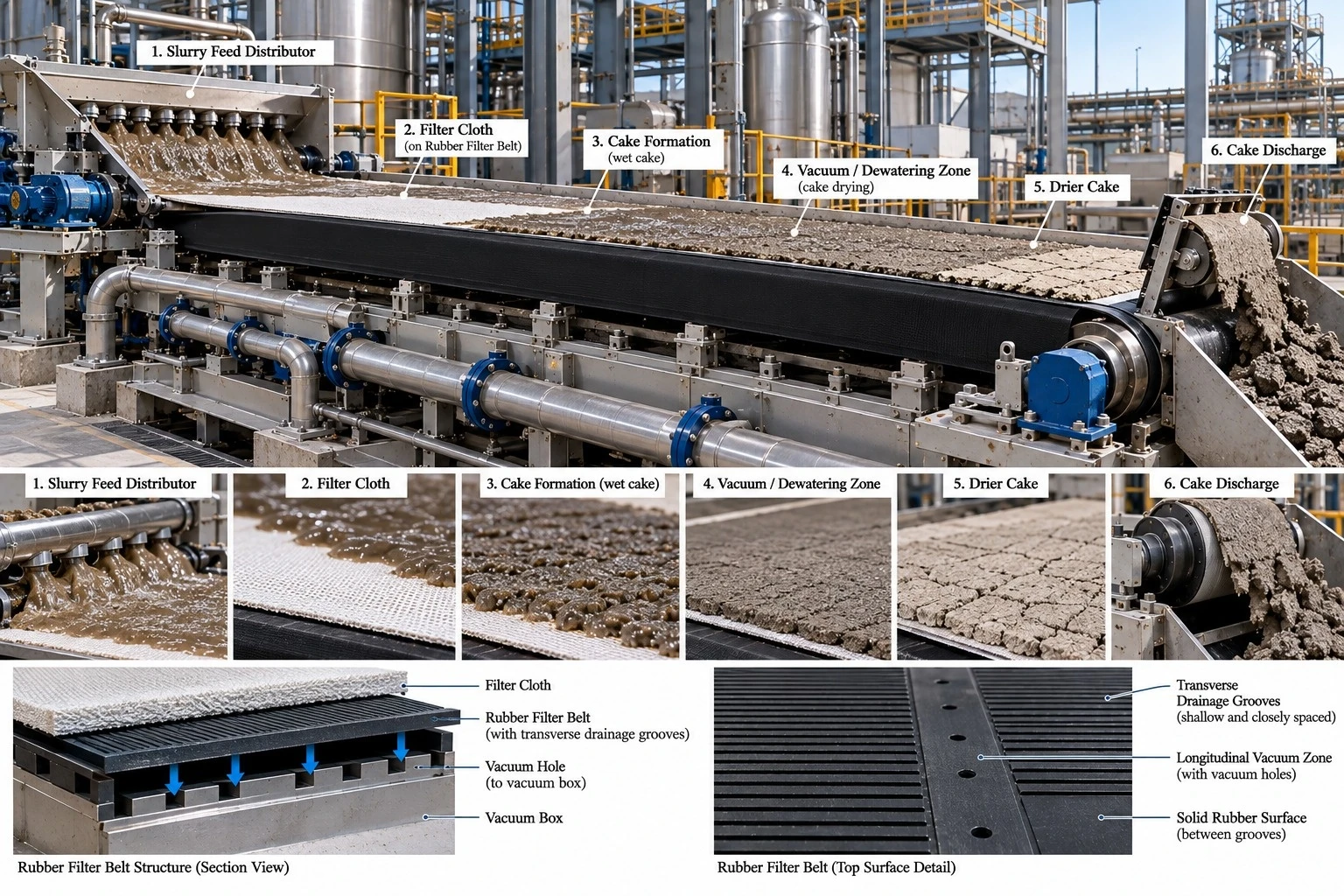 Rubber belt vacuum filtration process: slurry feed distributor, filter cloth, cake formation, vacuum/dewatering zone, drier cake and cake discharge