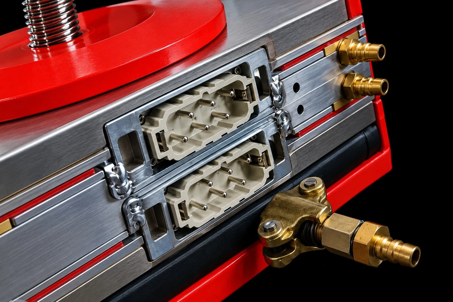 Detalhe do prato de aquecimento DSLQ-R, mostrando conector e válvula de conexão