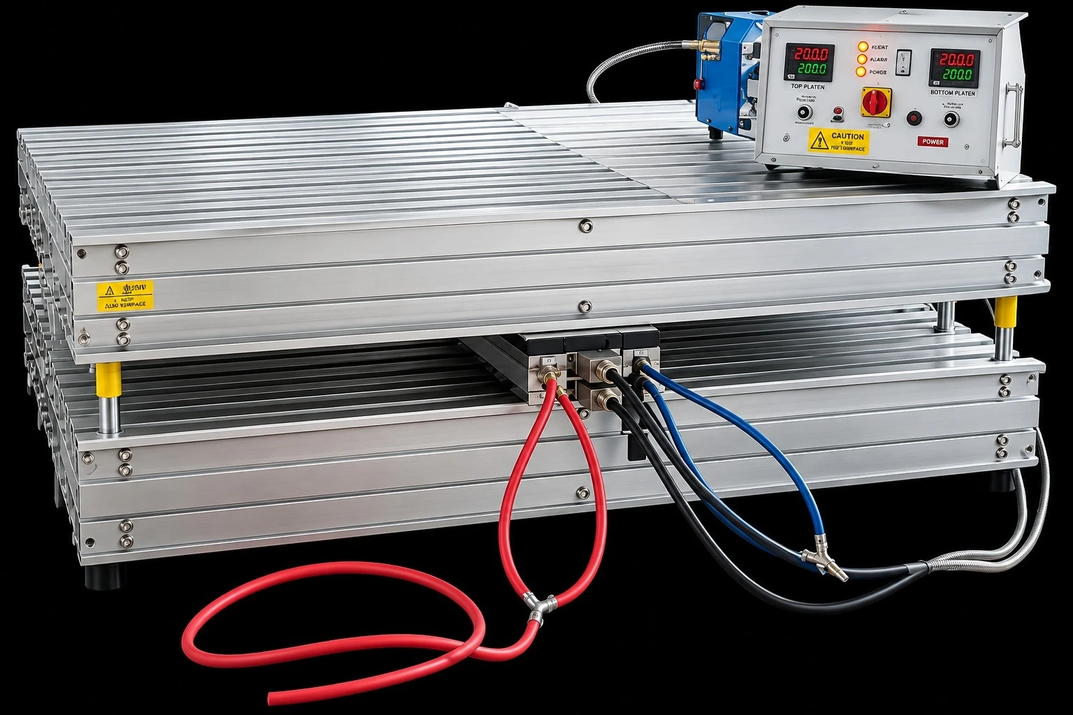 Presión de operación de 100PSI o 200PSI. Las reparadoras de viga transversal se diseñan según los requisitos del cliente. Dependiendo del modelo y el tamaño de los platos de calentamiento, pueden usarse para reparaciones puntuales y de desgarro (rip repairs).